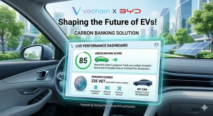 The image showcases a promotional graphic for the VeChain and BYD partnership, featuring a futuristic electric vehicle interior with an overlaid "Live Performance Dashboard" displaying a "Green Driving Score" of 85 and "235 VET" in rewards earned, highlighting VeChain's real-world blockchain utility in tracking carbon footprints for EVs. The graphic emphasizes VeChainThor blockchain integration with BYD vehicles, aligning with the post's message about VeChain's tangible use case beyond speculative meme coins.