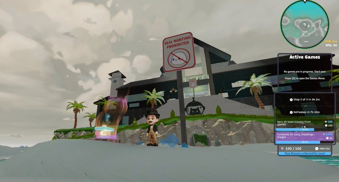 A character stands before a "Seal Hunting Prohibited" sign in a video game scene, with a player profile showing "100/100" tokens and a 4.5k boost, reflecting the casual game night activities mentioned in the post.