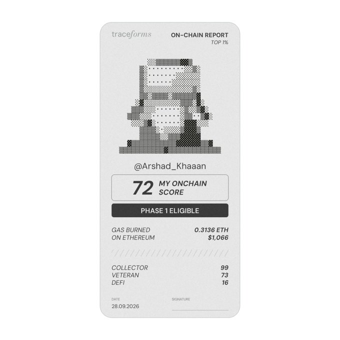An 'ON-CHAIN REPORT' card from traceforms for user @Arshad_Khaaan showing a 'MY ONCHAIN SCORE' of 72, labeled 'PHASE 1 ELIGIBLE'.