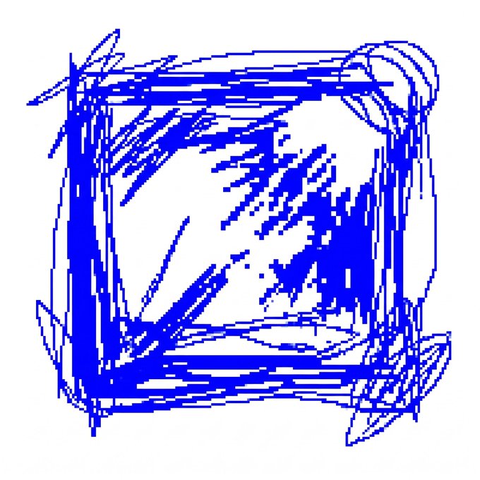 A rough blue sketch of a square frame on a white background, drawn with scribbled, overlapping lines and diagonal shading marks.