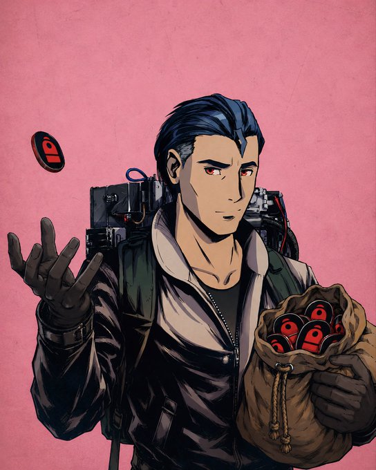 In this digital art piece, a man with blue hair stands against a pink background holding a bag filled with red coins. The man appears to be wearing a backpack and has a serious expression on his face as he looks at the camera. The image also contains text that reads "The recent growth of #Backpack has been insane lately But... their token or their NFT? Both one doesn't work without the other." This could possibly be an advertisement for Backpack, but it is unclear if this is the main focus of the artwork or just a part of it.