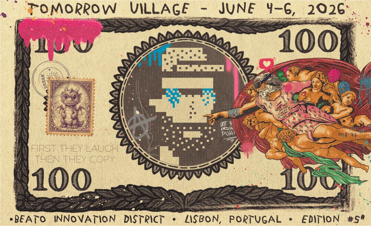 The image features a unique, hand-painted banknote with an illustration of a man's face on it. The banknote has been altered by adding graffiti art to it, giving it a distinct and artistic appearance. The text " Tomorrow Village - June 4th 2016" is also present in the image.