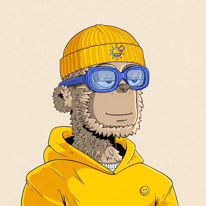A cartoon bear character wearing a yellow beanie with a sunglasses icon, blue sunglasses, and a yellow hoodie with a smiley face button, fitting the cheerful "GM Happy Taco Tuesday" vibe of the post.