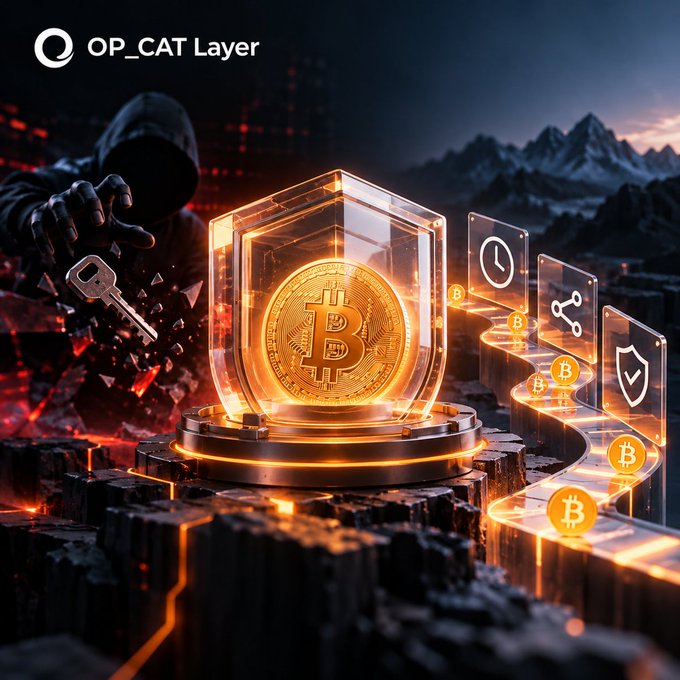 Crypto-themed artwork featuring a hooded figure holding a key next to a glowing Bitcoin coin inside a cube, labeled 'OP_CAT Layer'.