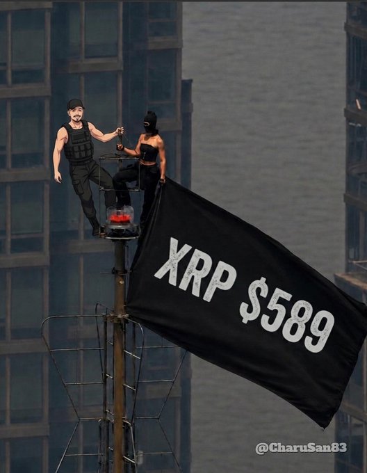 Two masked figures perch atop a tall structure, unfurling a large black flag emblazoned with "XRP $589" as a bold, meme-style visual declaration of an ambitious price target for the cryptocurrency.