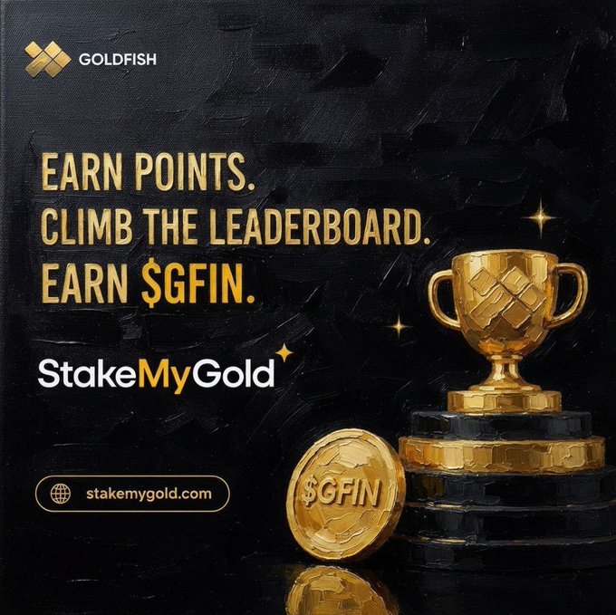 A promotional graphic for 'GOLDFISH' / 'StakeMyGold' featuring 'EARN POINTS. CLIMB THE LEADERBOARD. EARN $GFIN.' text alongside a golden trophy and $GFIN coin.