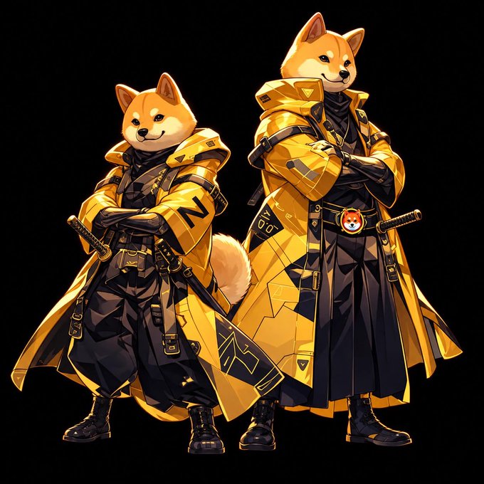 Digital artwork displays two anthropomorphic Shiba Inu characters in elaborate yellow and black futuristic ninja-style outfits, each holding a sword, with one wearing a dog-face belt buckle.