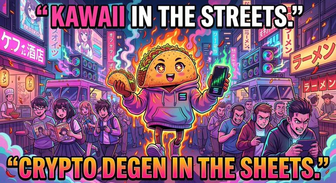 The image features a cartoon taco character wearing a pink hoodie, holding a taco in one hand and a smartphone displaying a green candlestick chart in the other, set against a vibrant neon-lit night market scene with Japanese signage and ramen shops. The text reads "KAWAII IN THE STREETS." at the top and "CRYPTO DEGEN IN THE SHEETS." at the bottom, tying into the post's theme of $OTACO as a "crypto degen" mascot—blending cute kawaii aesthetics with serious trading vibes in a bustling otaku/gamer/degen paradise.