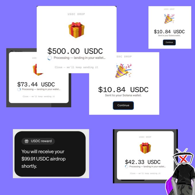 A collage on a purple background shows various USDC reward pop-up notifications with amounts like '$500.00 USDC', '$73.44 USDC', '$10.84 USDC', '$42.33 USDC', and a message stating 'You will receive your $99.91 USDC airdrop shortly,' alongside a small cartoon character.