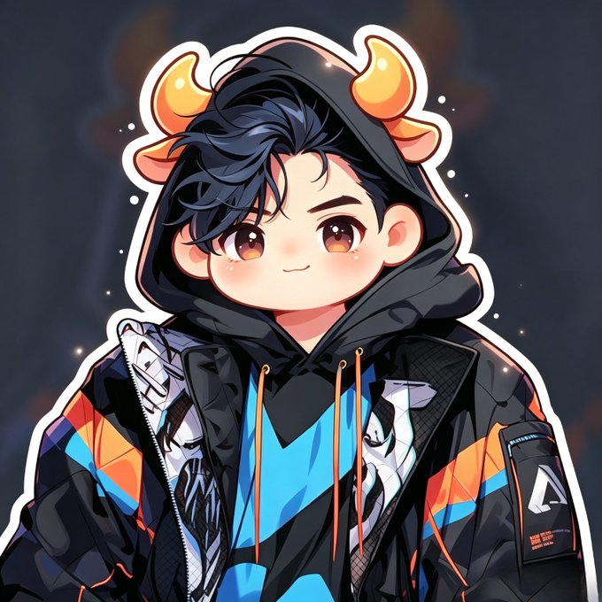A chibi-style anime illustration of a smiling boy with black hair, orange horns protruding from his hood, wearing a colorful black, blue, and orange jacket.