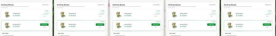 A series of screenshots showing 'Airdrop Boxes' with rewards in USDT, displaying different values ($25, $18, $12, $4) across multiple panels.