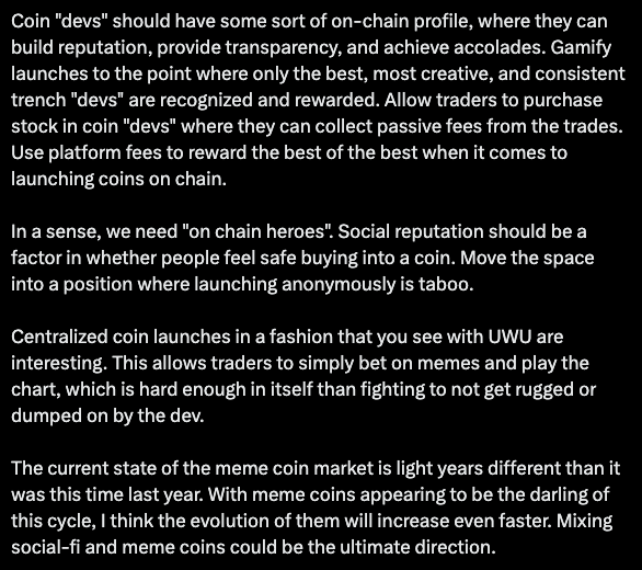 Text passage proposing that coin "devs" should build on-chain reputation profiles, allowing traders to buy stock in devs for passive fees, gamifying launches, and making anonymous coin launches taboo to create "on chain heroes."