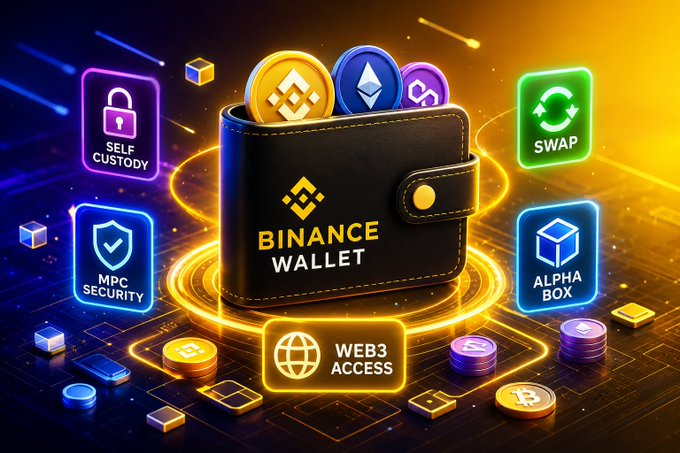 A stylized digital wallet labeled "BINANCE WALLET" is surrounded by glowing feature icons including "SELF CUSTODY," "MPC SECURITY," "SWAP," "ALPHA BOX," and "WEB3 ACCESS," illustrating its multifunctional role beyond simple storage. The surrounding coins and holographic design visually reinforce the post's message that Binance Wallet serves as a comprehensive gateway to the Web3 ecosystem.
