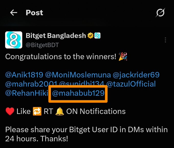 A screenshot of a Bitget Bangladesh post congratulating winners including @mahabub129, asking winners to share their Bitget User ID in DMs within 24 hours.