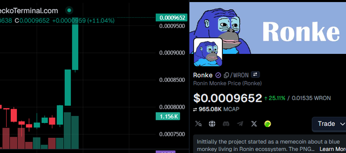 A crypto price chart showing 'Ronke' at 0.0009652 (+11.04%), described as a memecoin about a blue monkey living in the Ronin ecosystem.