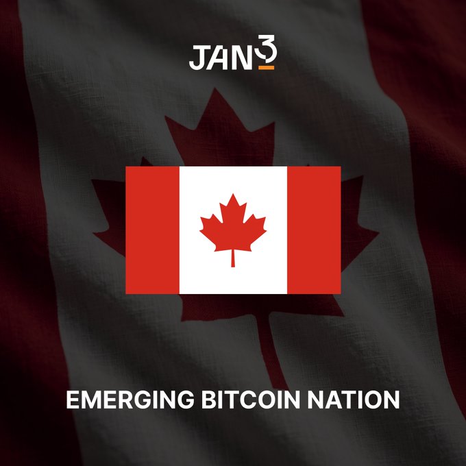 Graphic titled 'JAN3' declaring Canada an 'EMERGING BITCOIN NATION' with a Canadian flag over a maple leaf silhouette.