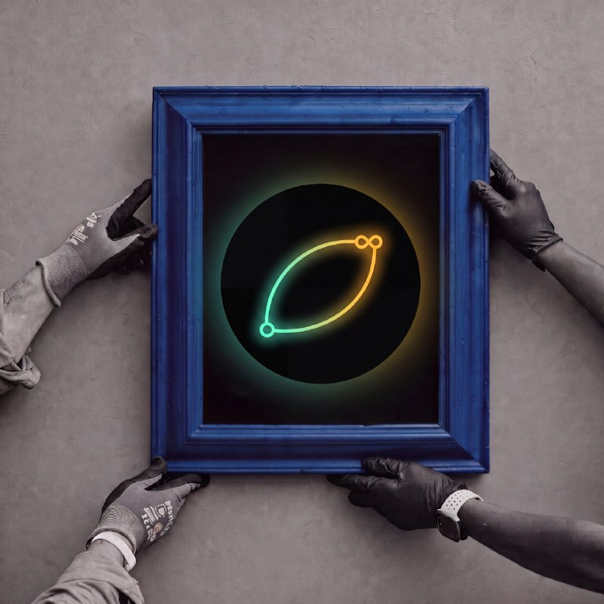 The image features three people holding a blue picture frame with an orange circle design, which appears to be a plaque or decoration. The group of people are standing against a gray wall, suggesting that they might have gathered for a special occasion or event. The caption on the image reads "Right now $sato is the most awesome Reward a plaque Let' s hang it up together as a community". This message seems to be related to the picture frame and the group's actions in holding it up against the wall, possibly commemorating an achievement or celebration within their community.