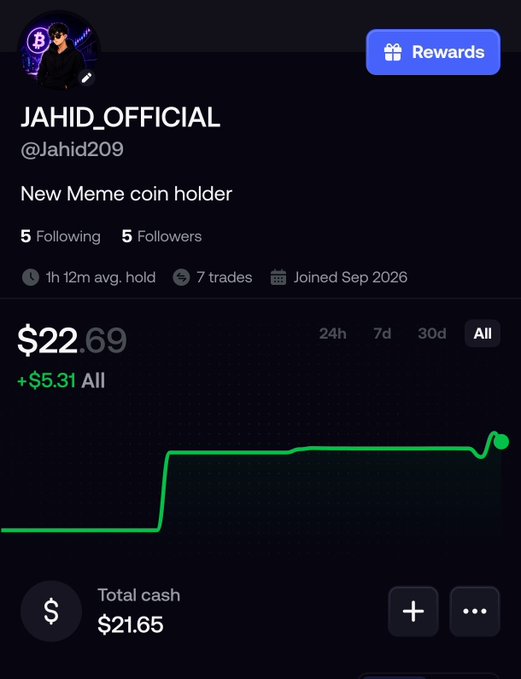 A profile page for "JAHID_OFFICIAL" (@Jahid209) showing "New Meme coin holder" status, with a value of $22.69 and +$5.31 gain displayed.