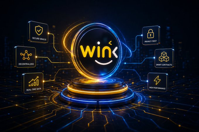 A glowing WINkLink logo sits within a neon-lit circular emblem atop a digital platform, surrounded by six feature icons labeled "Secure Oracle," "Privacy First," "Decentralized," "Smart Contracts," "Real-Time Data," and "High Performance." The futuristic blue-and-orange tech aesthetic visually reinforces the post's message about WINkLink delivering privacy-focused, decentralized oracle solutions for the TRON ecosystem.