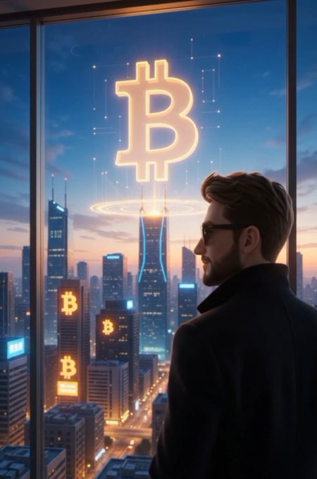 A digital illustration of a man in sunglasses looking out a window at a futuristic city skyline at dusk, dominated by a giant glowing Bitcoin (₿) symbol and smaller Bitcoin logos on the buildings.