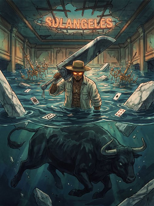 The image shows a stylized illustration titled "SOLANGELES," featuring a figure in a hat and glowing eyes wielding a massive blade while wading through floodwaters filled with floating playing cards, candles, and debris. Below the waterline, a black bull with glowing eyes swims through the submerged depths, complementing the dark, surreal aesthetic of the "SOLANGELES x $ANSEM // 16" art collection.