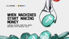 An advertisement graphic featuring a robotic claw grabbing a teal capsule with a dollar sign, accompanied by the Duolingo and Mercado logos and text reading "WHEN MACHINES START MAKING MONEY - TURBO INCOME FROM REAL-WORLD MACHINES INTO MONEY. TOLD."