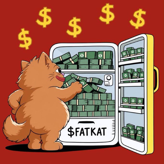 A cartoon orange cat piles bundles of cash into an open money-filled refrigerator labeled “$FATKAT,” with dollar signs floating above. The image humorously illustrates the newly launched BNB Chain memecoin’s rapid growth toward $300K in trading volume and its growing $FATKATBNB community.