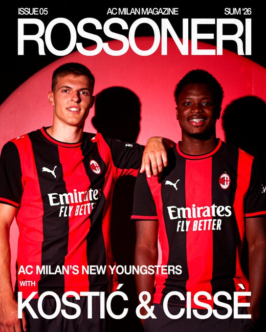 Cover of 'ROSSONERI' AC Milan Magazine, Issue 05, Summer '26, featuring players Filip Kostić and Youssouf Fofana (or Cissé) in their red-and-black striped kits, with the headline 'AC Milan's New Youngsters.'
