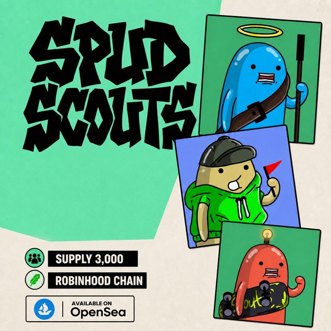 Promotional artwork for 'SPLD SCOUTS' NFT collection featuring three cartoon characters, with text indicating 'SUPPLY 3,000', 'ROBINHOOD CHAIN', and 'AVAILABLE ON OpenSea'.