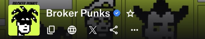 A social media profile banner for 'Broker Punks' featuring a pixel-art skull character with pigtails on a bright green background.