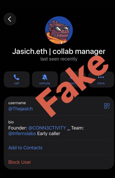 The image shows a Telegram profile screenshot for "Jasich.eth | collab manager" (username @Thejasich) with a bio claiming to be the founder of @CONN3CTIVITY and team member at @Infernolabs, labeled with a large red "Fake" stamp across it. This serves as a public warning that impersonators are using fake Telegram profiles to scam people under Jasich's name, highlighting that they do not conduct deals via Telegram and prefer X DMs or Discord.