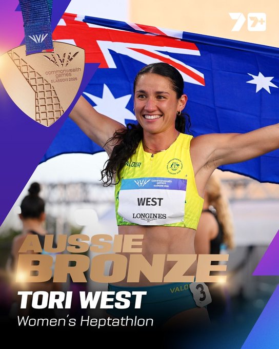 A sports graphic celebrating 'AUSSIE BRONZE - TORI WEST - Women's Heptathlon', showing the athlete smiling while holding an Australian flag and a bronze medal from the Commonwealth Games Glasgow 2026.