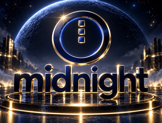 A 3D-rendered logo for 'midnight' cryptocurrency featuring a blue circular emblem, displayed against a cosmic background with a planet and city skyline.