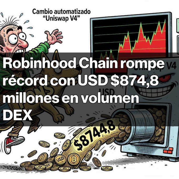 A cartoon illustration depicts a panicked man with his dog fleeing from an ATM-like machine labeled 'Uniswap V4' that is dispensing coins, with Spanish text reading 'Robinhood Chain rompe récord con USD $874,8 millones en volumen DEX'.