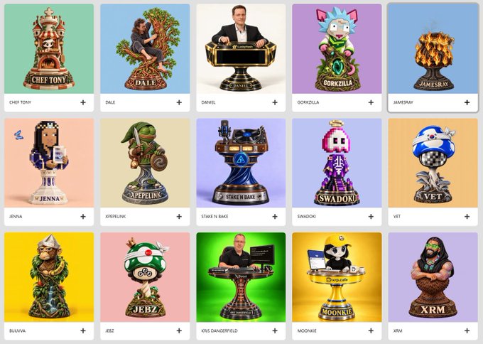 A grid display of 15 stylized busts/figurines with custom names like "CHEF TONY", "DALE", "DANIEL", "GORKZILLA", and "JAMESRAY" featuring various pop culture, anime, and historical references.