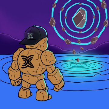 An animated illustration of a muscular stone-like character wearing a black cap with an 'X' logo, standing before a mystical portal with floating crystals in a purple landscape.