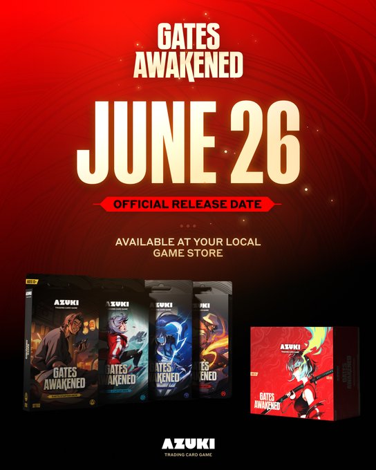 A promotional poster for the "Gates Awakened" trading card game release by Azuki, announcing an official release date of June 26, available at local game stores. The image showcases various card packs and a booster box, but does not feature the specific "Zero & Shao portrait rares" being sought in the accompanying post.