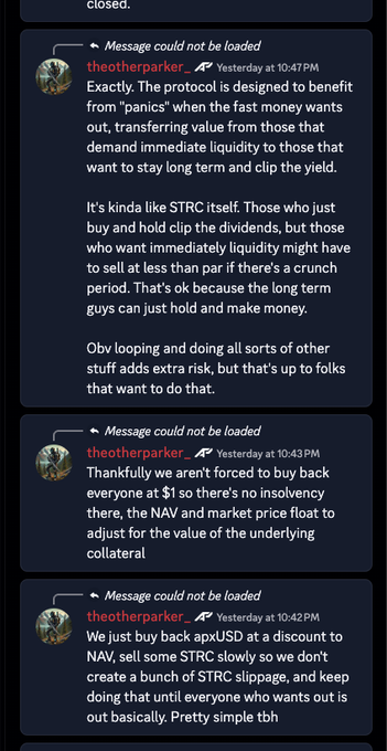 The image shows a screenshot of four posts posted on a social media platform with multiple mentions of STRC tokens being discussed. The first post in the group reads "So @apyx_fi is claiming their token is backed by 40% cash and 60% STRC And each apxUSD has nearly 99c of backing (including strc at 95) But in reality a ton of it is self minted, redemptions are off, and team wants this so they can benefit from their users wanting out?". The posts have varying opinions about the token's value and usability.