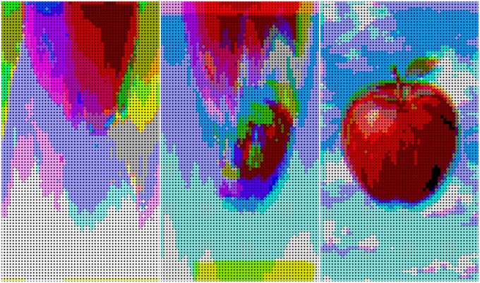 A triptych showing a pixelated, glitch-art style image of a red apple, with the image becoming clearer from left to right, all rendered in a halftone dot pattern.