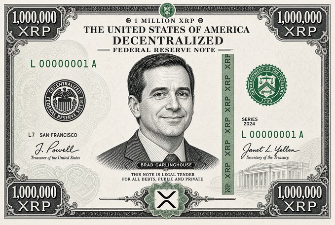 A novelty bill mimicking U.S. currency, labeled '1 MILLION XRP' and 'THE UNITED STATES OF AMERICA DECENTRALIZED FEDERAL RESERVE NOTE,' featuring a portrait of Brad Garlinghouse, XRP's CEO, with endorsements from J. Powell and J.L. Yellen, styled as legal tender for all debts public and private.