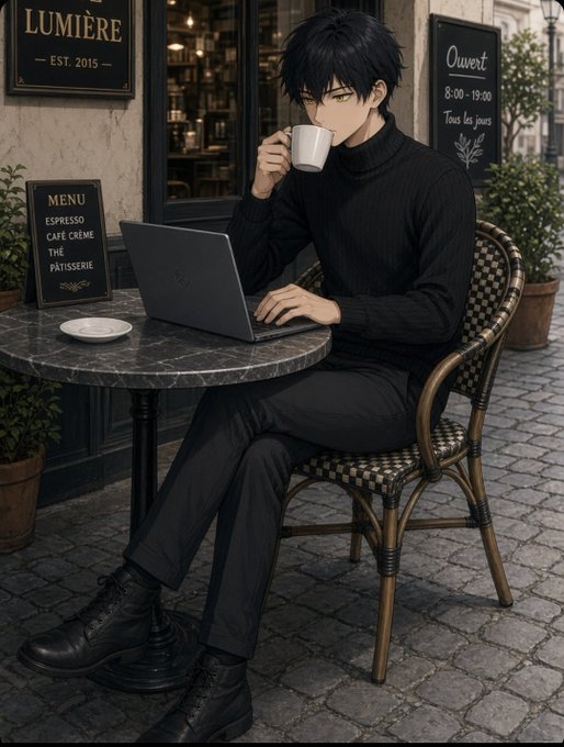 An anime-style illustration shows a dark-haired young man in a black turtleneck sipping coffee while working on a laptop at a Parisian café table, with signs reading "LUMIÈRE EST. 2015," "Ouvert 8:00-19:00 Tous les jours," and a menu board listing "ESPRESSO, CAFÉ CRÈME, THÉ, PÂTISSERIE."