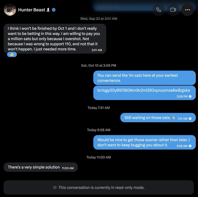 A Twitter/X DM conversation between two users about an outstanding payment of 1 million sats, showing the recipient sharing their Bitcoin address and waiting for funds.