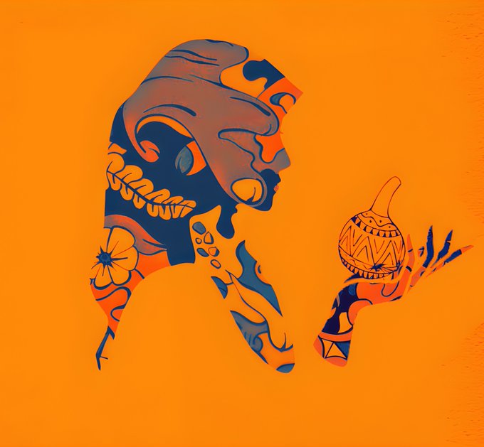 A stylized orange and blue illustration depicts a person holding a decorated maraca, with floral patterns integrated into their profile silhouette.