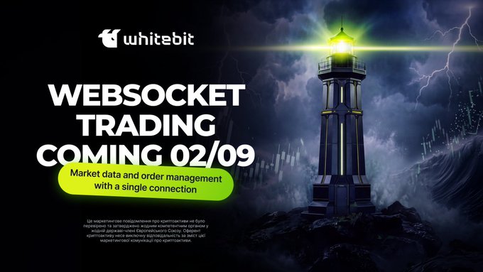 A promotional image from WhiteBIT announcing that "WebSocket Trading" is coming on 02/09, featuring a glowing lighthouse amid storm clouds and lightning, symbolizing guidance and reliability, and highlighting that it offers "Market data and order management with a single connection." The graphic visually reinforces the post's message about the upcoming launch of the new WebSocket Trading feature.