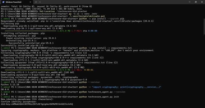A Windows PowerShell terminal showing the installation of Python dependencies (pip, cryptography, pyjwt, pyzmq, pyinstaller) and the successful generation of a new identity using `technocore_agent.py init`, displaying a 174-character passphrase and the DID `did:key:z6MkGj6BV1N99Dc8hiY4r9jigjdzat5KWdPCC5mGUC5n3JnQ`. The setup process corresponds to the user's experience following Zun2025's guide to create a DID and join Technocore.