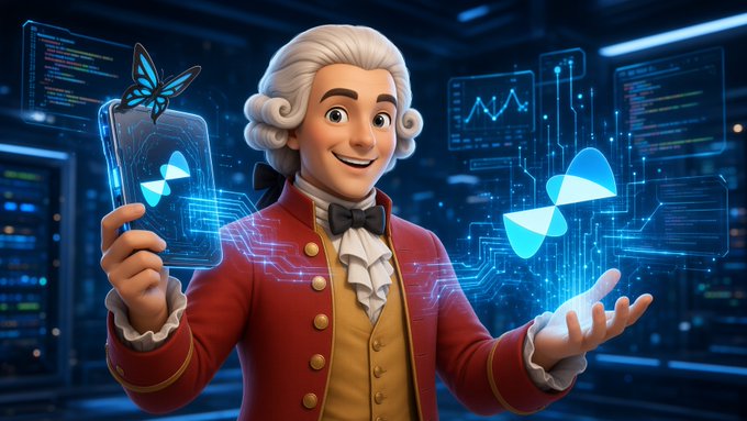 A smiling 18th-century gentleman in a powdered wig and red coat holds up a smartphone displaying a glowing blue butterfly, while a holographic butterfly and code panels float around him in a tech-filled setting. The butterfly imagery and modern tech backdrop visually echo the post's reference to "Butterfly" and the mention of verifying Quip Network's hybrid setup.