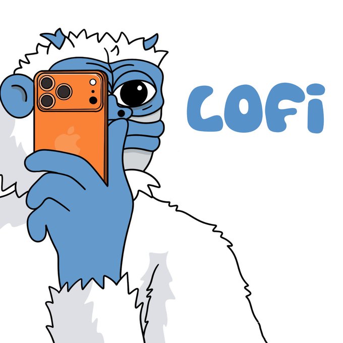 A blue yeti character holds an orange smartphone as if taking a mirror selfie, with the text "LOFI" displayed prominently in blue letters next to it. The cute, cartoonish illustration relates to the post about needing a $SUI version of @fomo, representing the lofi/cozy crypto community vibe.