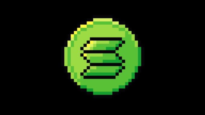 A pixel art image of a green coin with a dollar sign ($) on a black background.