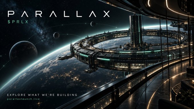 A futuristic sci-fi space station orbiting Earth with the word 'PARALLAX' and ticker '$PRLX' displayed, along with text 'EXPLORE WHAT WE'RE BUILDING' and 'parallaxlaunch.live'.