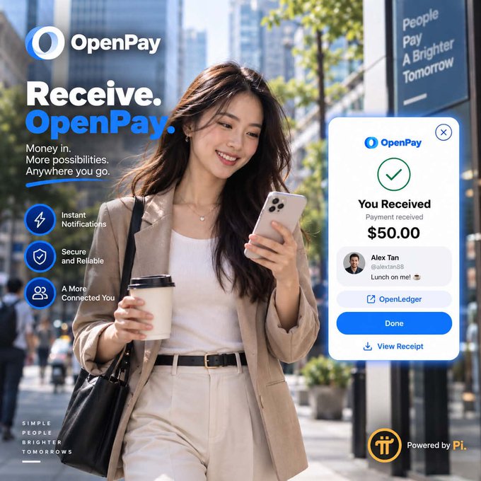 An OpenPay advertisement showing a smiling woman holding a coffee cup and phone on a city street, alongside a notification that "You Received" $50.00 from Alex Tan.